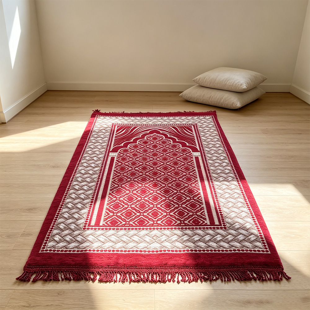 About 2cm thick chenille three-dimensional jacquard prayer mat with same color twist rope tassel floor mat high rebound cushioning prayer mat
