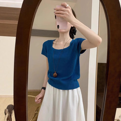 夏スクエアネッククラインブルー半袖セーター婦人服韓国風ショートアイスシルクボトムシャツ西洋スタイル痩身トップ
