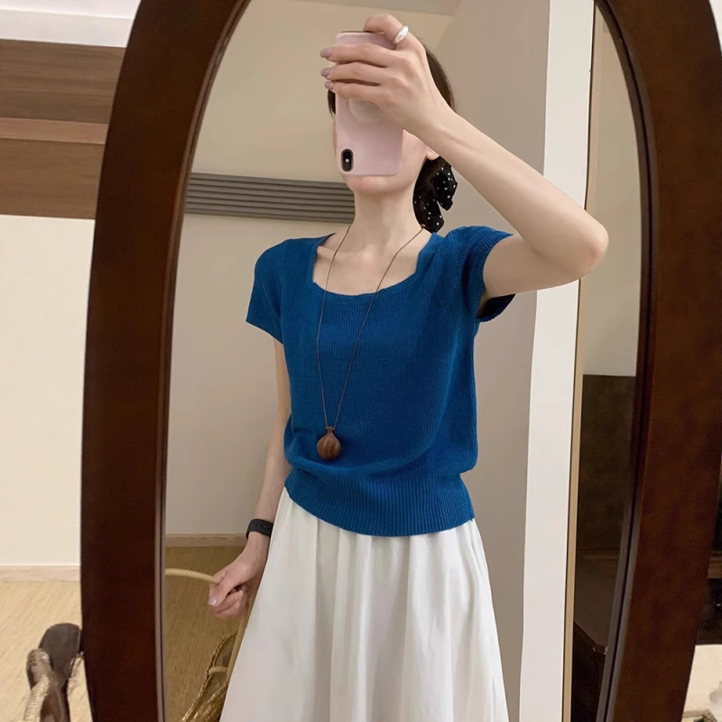 Summer Square Neck Klein Blue Short-Sleeved Knitwear Women's Korean Style Short Ice Silk Bottoming Shirt Fashionable Slimming Look Top Summer Square Neck Klein Blue Short-Sleeved Knitwear Women's Korean Style Short Ice Silk Bottoming Shirt Fashionable Slimming Look Top