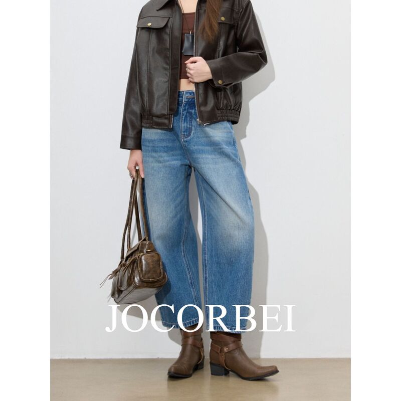 Jocorbei【Yuppie Style】Curved Hem Jeans for Women 2026 Spring New Loose Fashion Balloon Pants Eight-Tenths Length