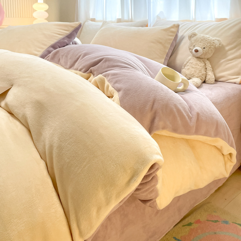 Color sólido otoño invierno leche de lana de cuatro piezas de lana de coral cama de lana de tres piezas de lana de invierno más grueso nuevo estilo de franela