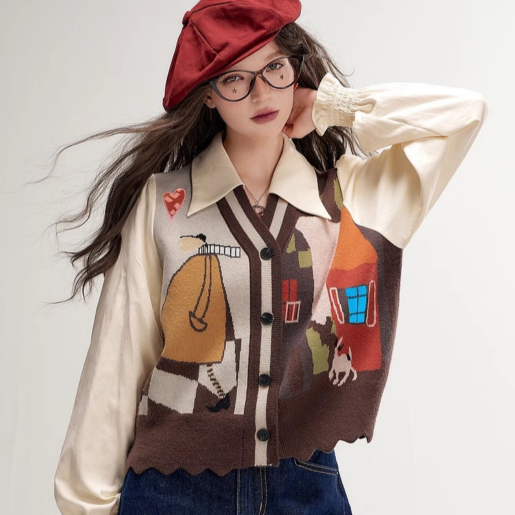 妖精的口袋复古印花假两件针织衫女2025秋季新款桃皮绒拼接POLO衫|undefined