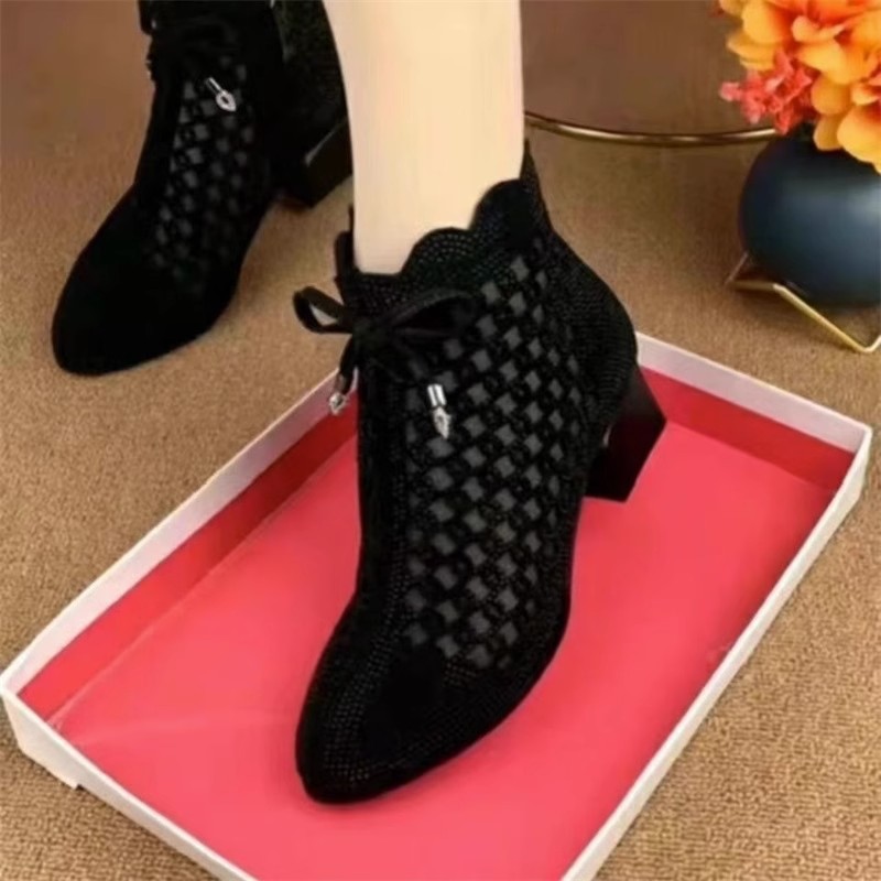 Foreign Trade Cross-Border Mesh Hollow Pointed Toe Thick Heel Rhinestone Fashion Versatile Sandals Short Boots Women's Spring and Summer New Sandals