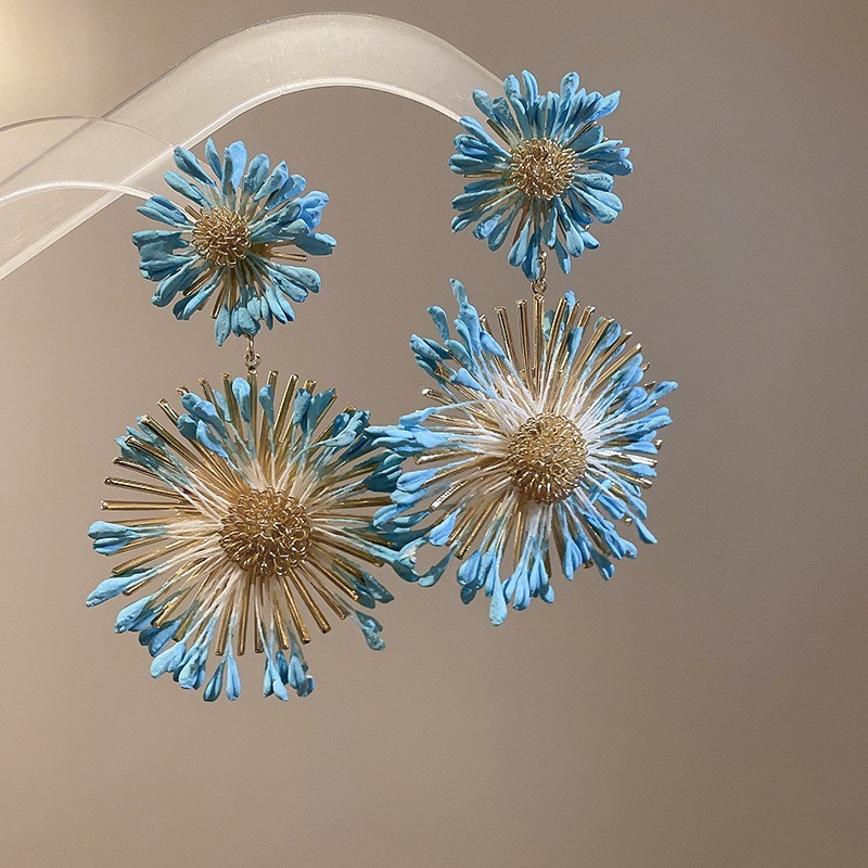 シルバーニードルラフィアカラフルな太陽の花のイヤリング夏の海辺の休暇スタイルのイヤリングファッショナブルで甘くて新鮮なイヤリング|undefined