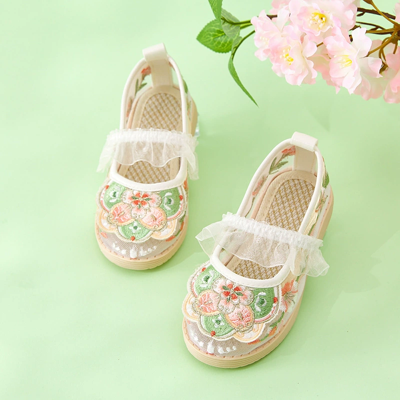 Летние сетчатые туфли с вышивкой для девочек, детские туфли в древнем стиле династии Хань, детские весенне-летние туфли на плоской подошве, дышащие сандалии с мягкой подошвой