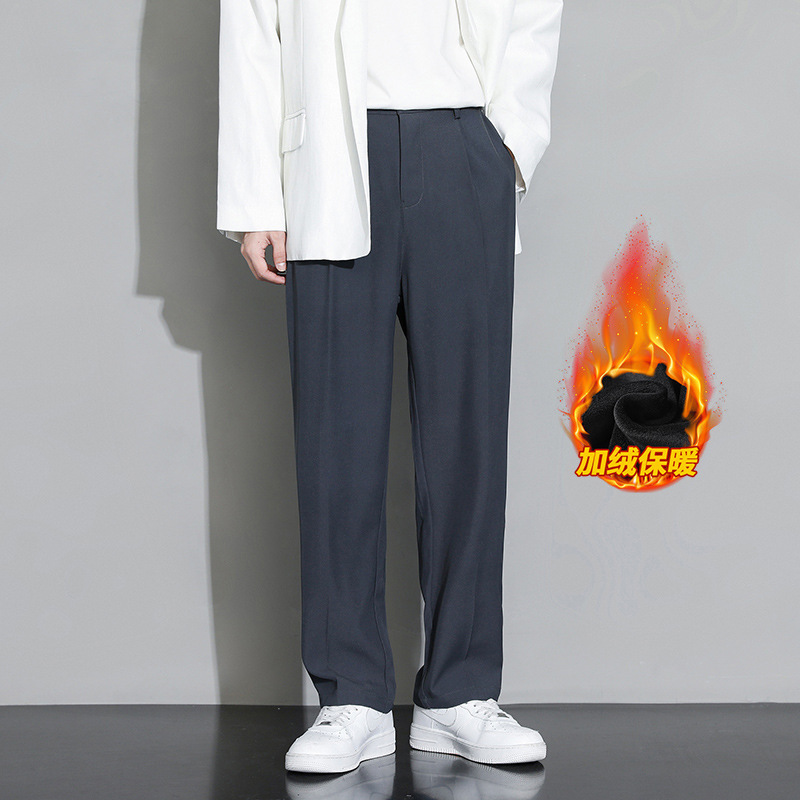 Pantalones de invierno recto y pantalones casuales de lana para hombres. Pantalones de traje negro de piernas anchas. image 7