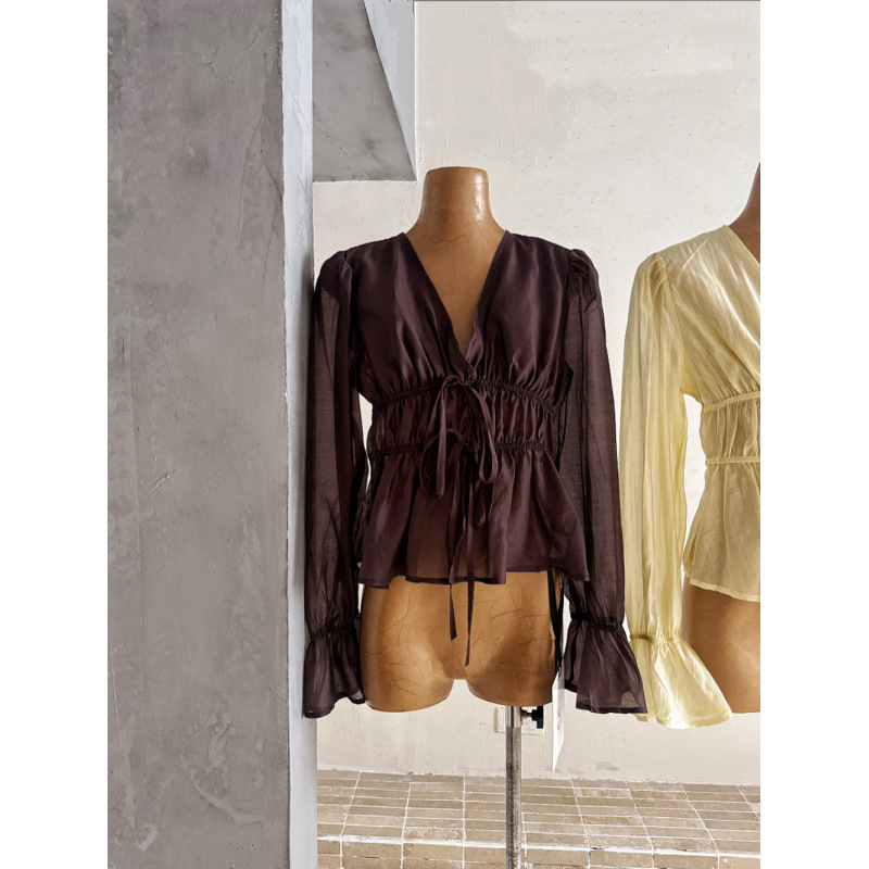 Sena women's shirt 2026 new model with tie-neck fashion front-tie pleated top Sena women's shirt 2026 new model with tie-neck fashion front-tie pleated top