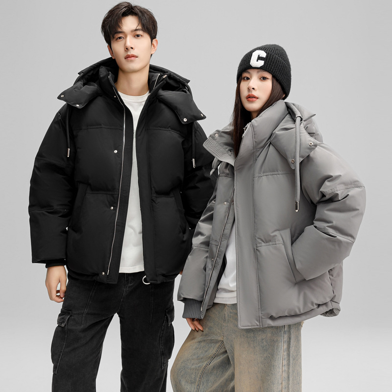 High end couple fashion down jacket with 90 duck down, super thick insulation hood, high fluffiness, trendy brand bread jacket for winter