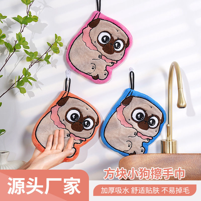 卡通方块小狗厨房挂式擦手巾吸水柔软干加厚抹布珊瑚绒儿童小毛巾