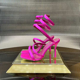 一字带蛇形缠绕方头凉鞋24夏新款性感细跟御姐气质高跟鞋搭配礼服