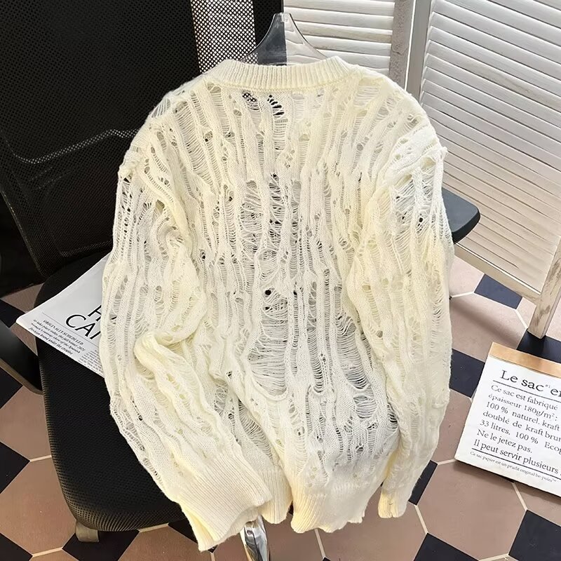 Übergroßer, lässiger Strickpullover für Herren mit einzigartigem Cut-Out-Design. Lockere Passform, lange Ärmel, bequemer Pullover für den Alltag (mehrere Farben)_voghion.com