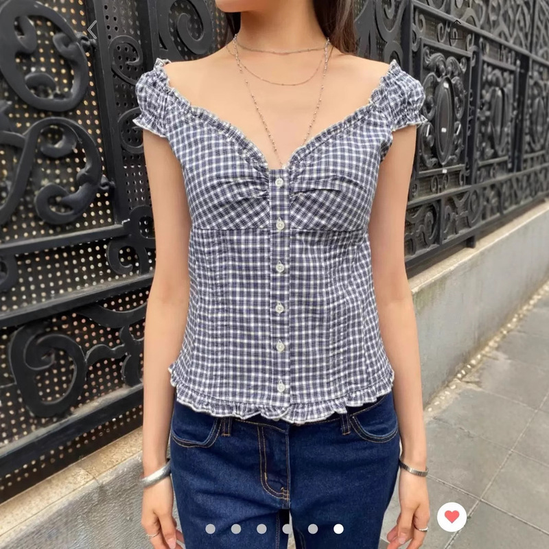 Bm Style New Dark Blue Plaid Ruffled Camisole Bm Shirt Single-Breasted Bottoming Top for Women