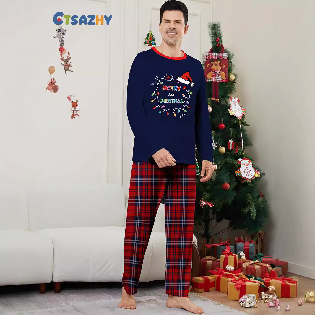 Chapeau de Père Noël alphabet lumineux avec vêtements de famille de Noël imprimés vêtements de maison pyjamas_voghion.com