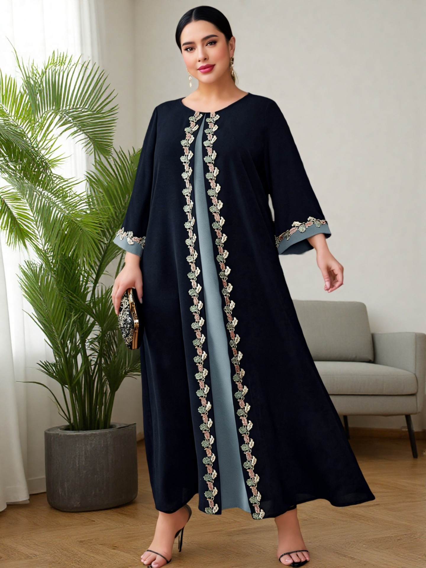 Exclusive Cross-border Supply Of Middle Eastern Robes, Muslim Fashion Navy Blue Embroidered Patchwork Abaya Plus-size_ecoleips.com