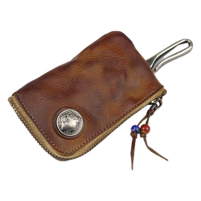 First Layer Vegetable Tanned Leather Key Bag Women's Handmade Old Washed Cowhide Retro Style Zipper Car Door Key Bag Men's