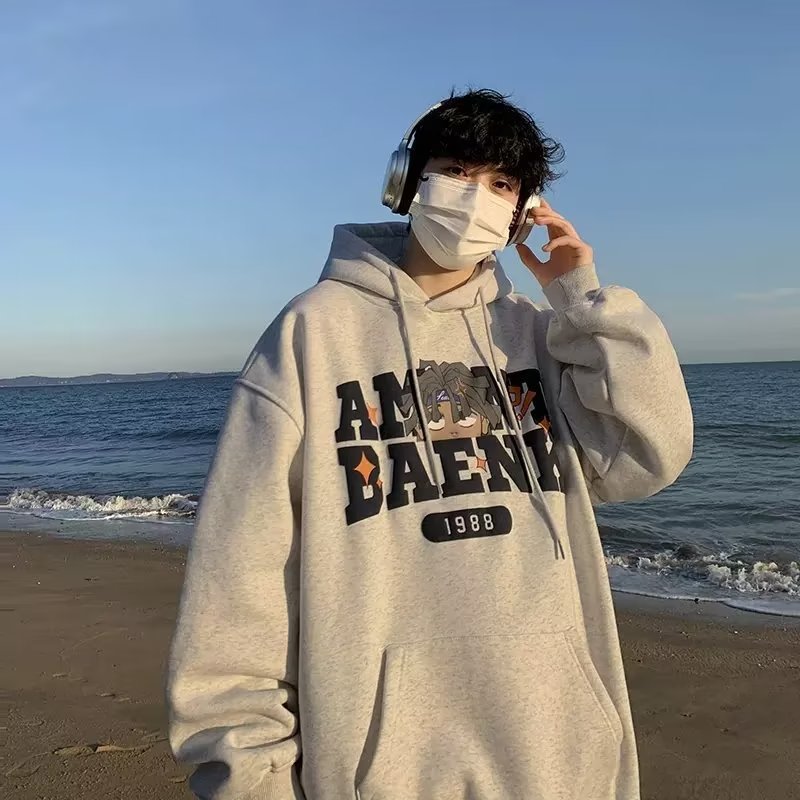 美式连帽卫衣男秋冬款潮牌卡通印花oversize情侣休闲加绒加厚外套