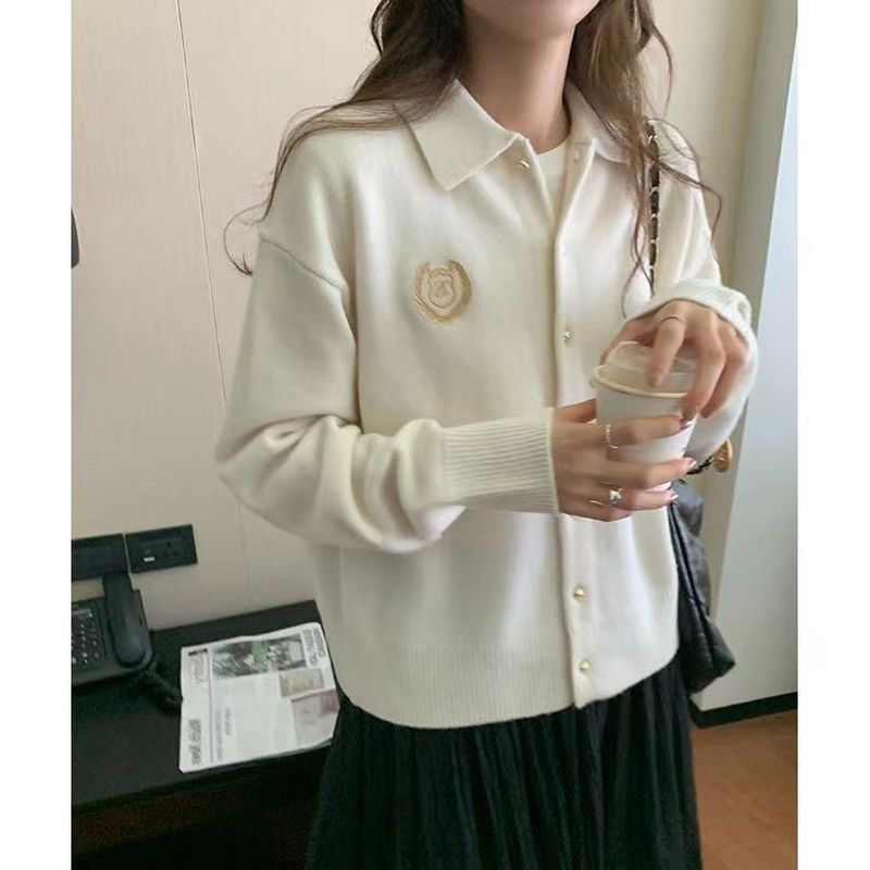 高级感宽松慵懒风软糯毛衣外套上衣秋季学院风刺绣POLO领针织开衫|undefined