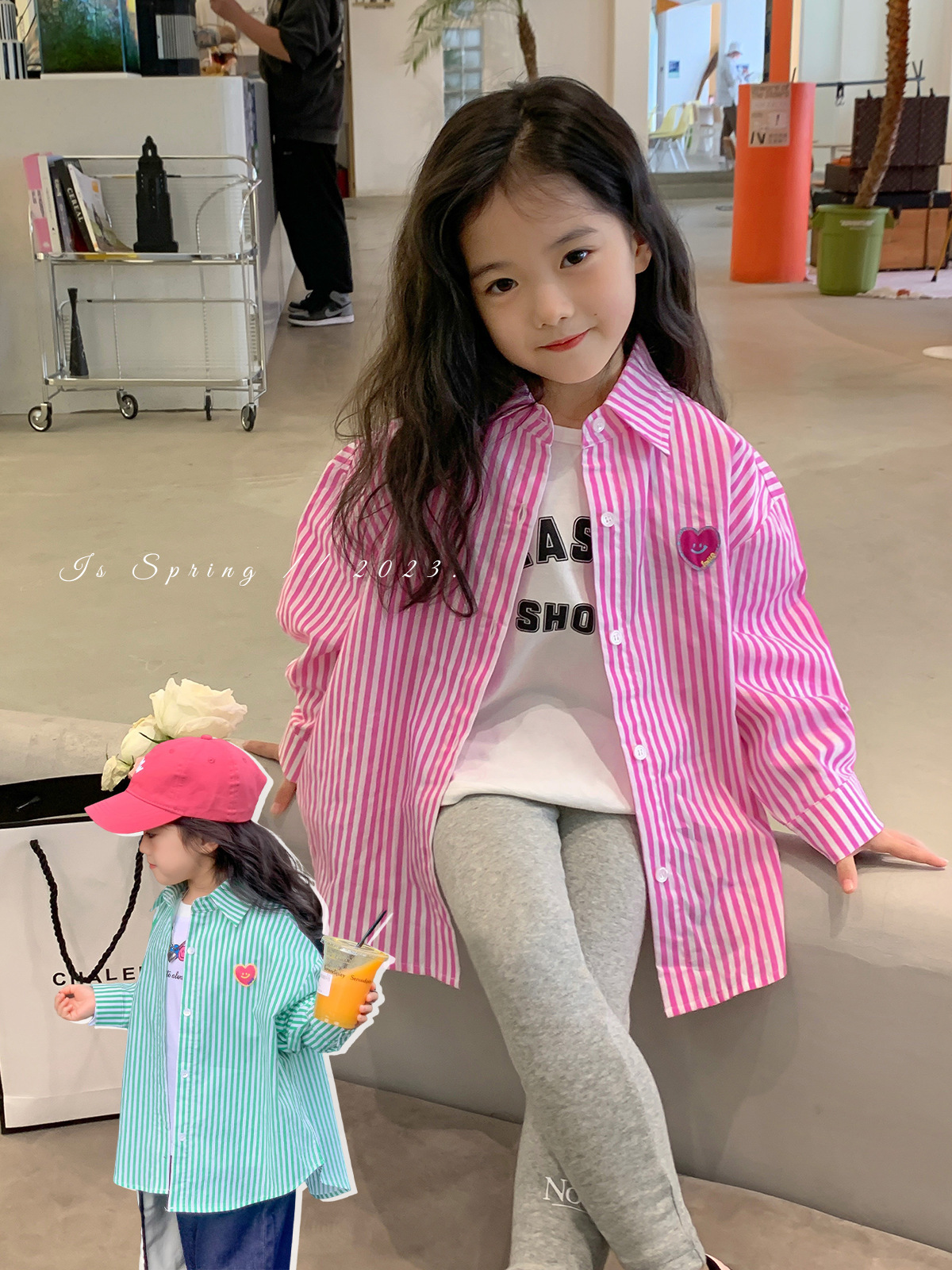 2023 new pattern girl shirt spring clothes children Cartoon stripe Cardigan Korean Edition leisure time jacket baby Base coat