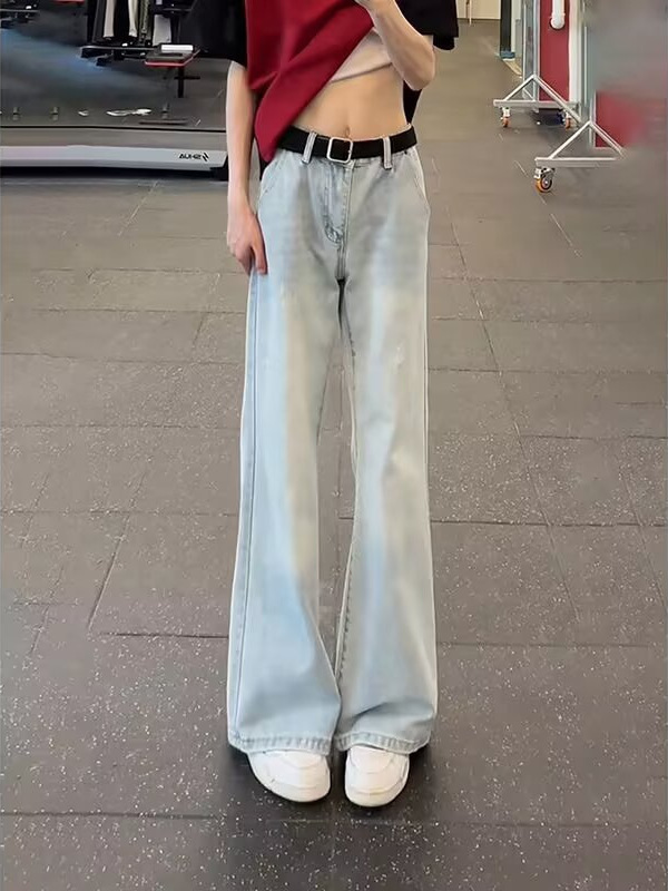 浅蓝色弯刀牛仔裤男春秋新品美式高街vibe裤子直筒微喇宽松休闲裤|undefined