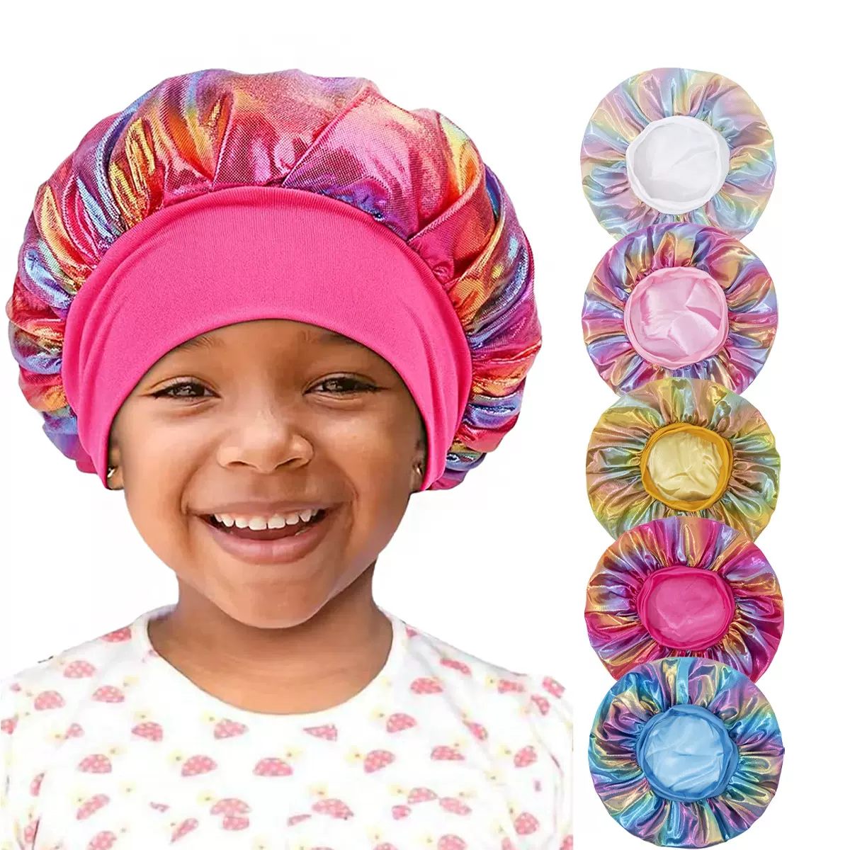 跨境热卖儿童镭射松紧圆帽 宝宝仿真丝套头帽睡帽bonnet厂家直销