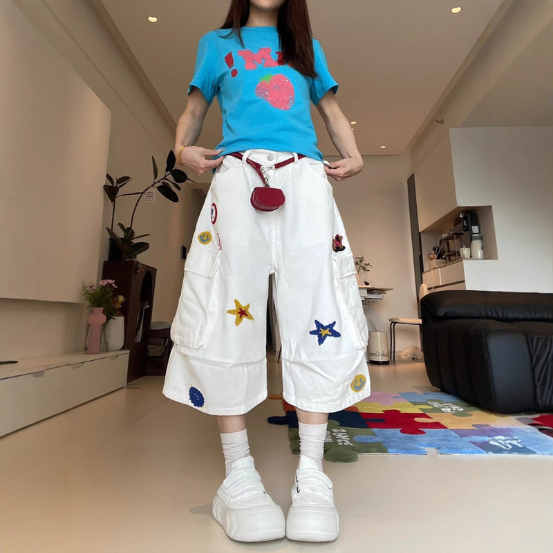 Star Embroidered White Cropped Pants for Women Summer New Design Multi-Pocket Pleated Loose Casual Cargo Shorts