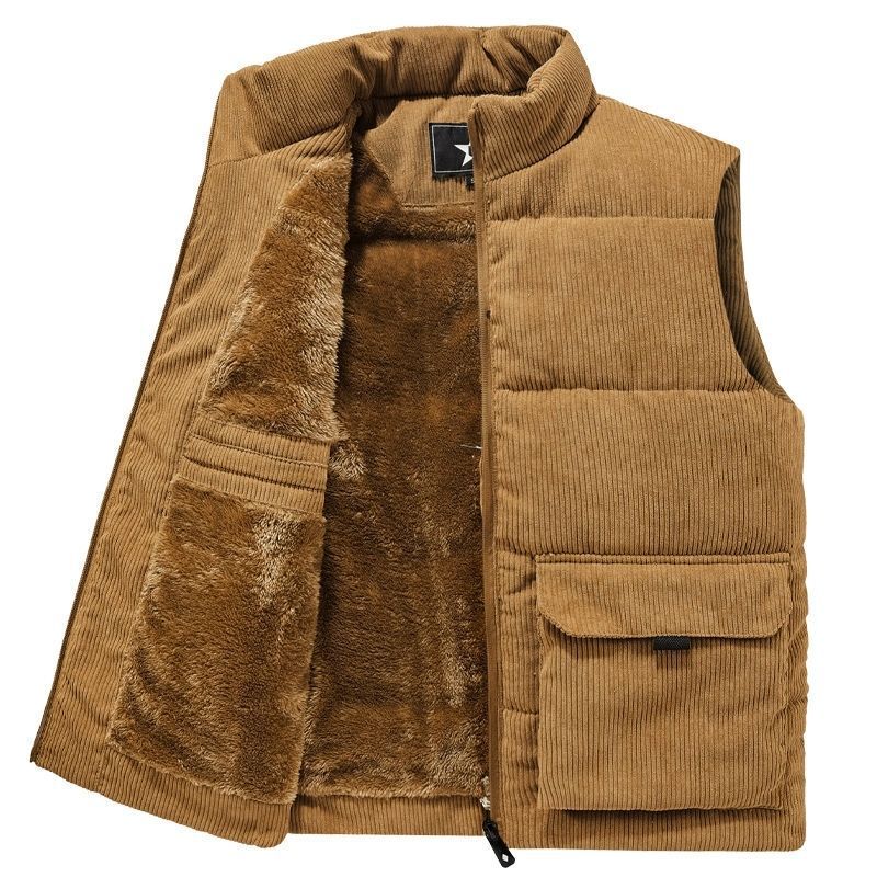Corduroy Vest for Men in Autumn and Winter, Fleece-Lined and Thickened, Stand-Up Collar, Large Size, Workwear Vest, Warm Cotton Jacket