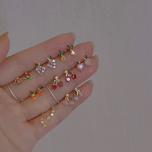 Cherry Earrings Women's Summer Fruit Series Earrings  New Trendy Cute Compact Strawberry Grape Earrings