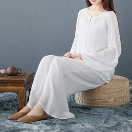 新中式国风禅意茶服套装女装白色居士打坐冥想美容师养生三件套