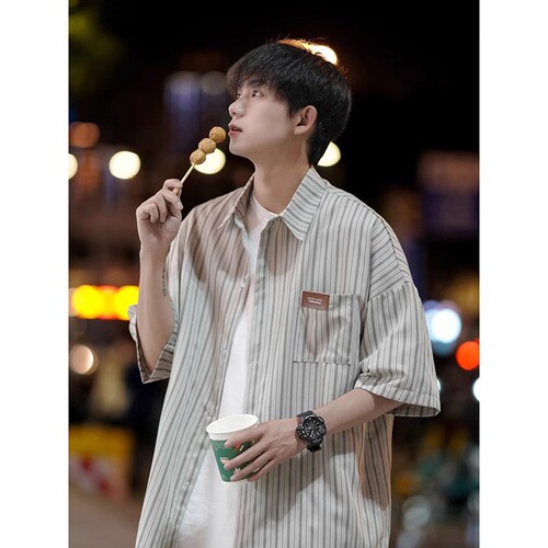 Japanese striped shirt, short-sleeved, men's summer inch clothes, design top, coat, fashion brand, fashionable, handsome Hong Kong style shirt
