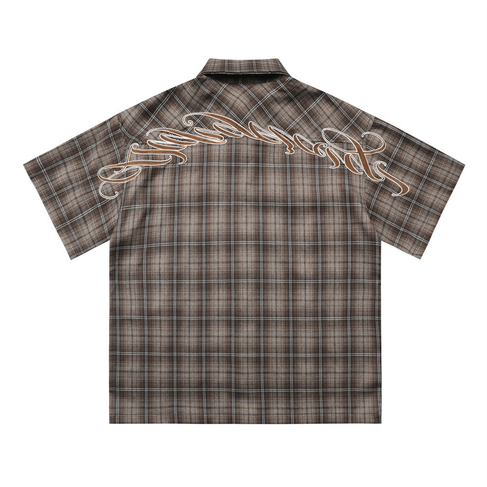 Gothic Letter Embroidered Plaid Short-Sleeved Shirt Summer Men's Retro Street Fashion Workwear Plaid Lapel Shirt Loose