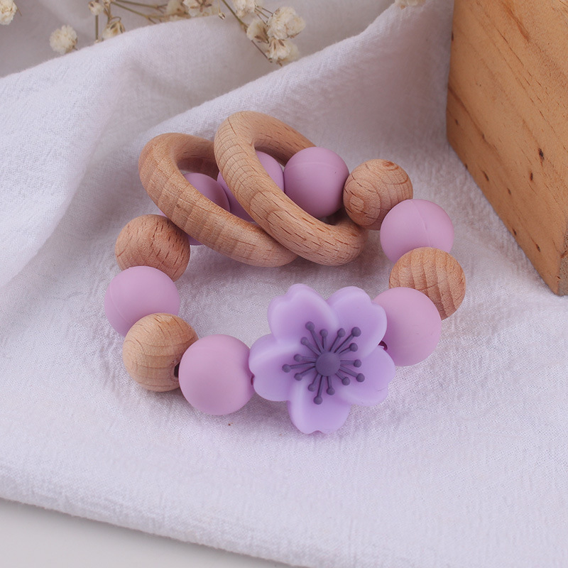 Temu Shein pulsera de mordedor de madera de haya para recién nacidos transfronterizos de grado alimenticio de silicona ecológica flor molar juguete