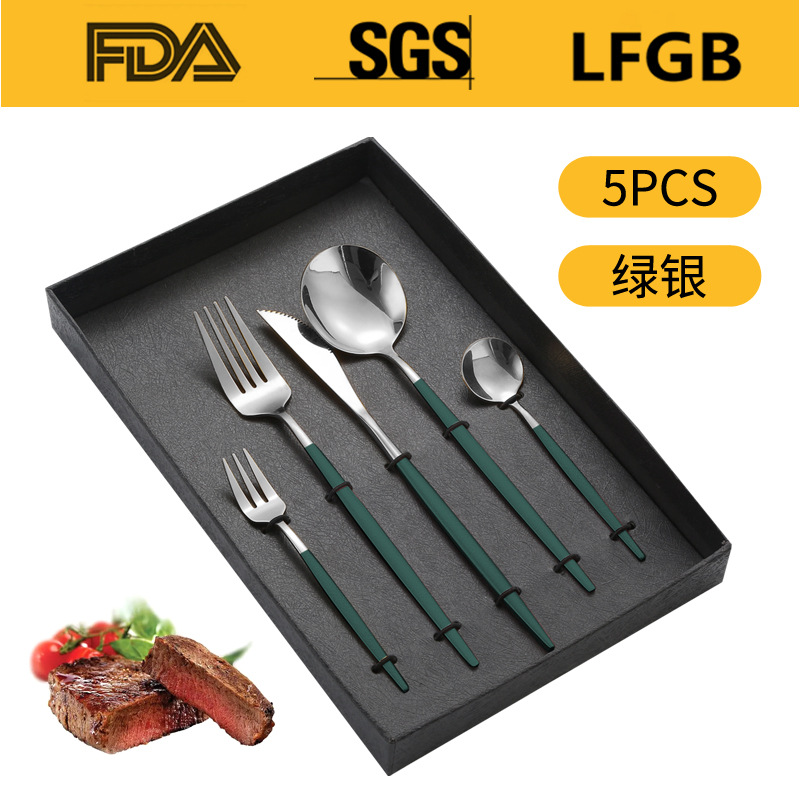 Portugal cuatro piezas principales caja de regalo comida occidental cuchillo, tenedor y cuchara traje Amazon vajilla de acero inoxidable 4/5 piezas traje