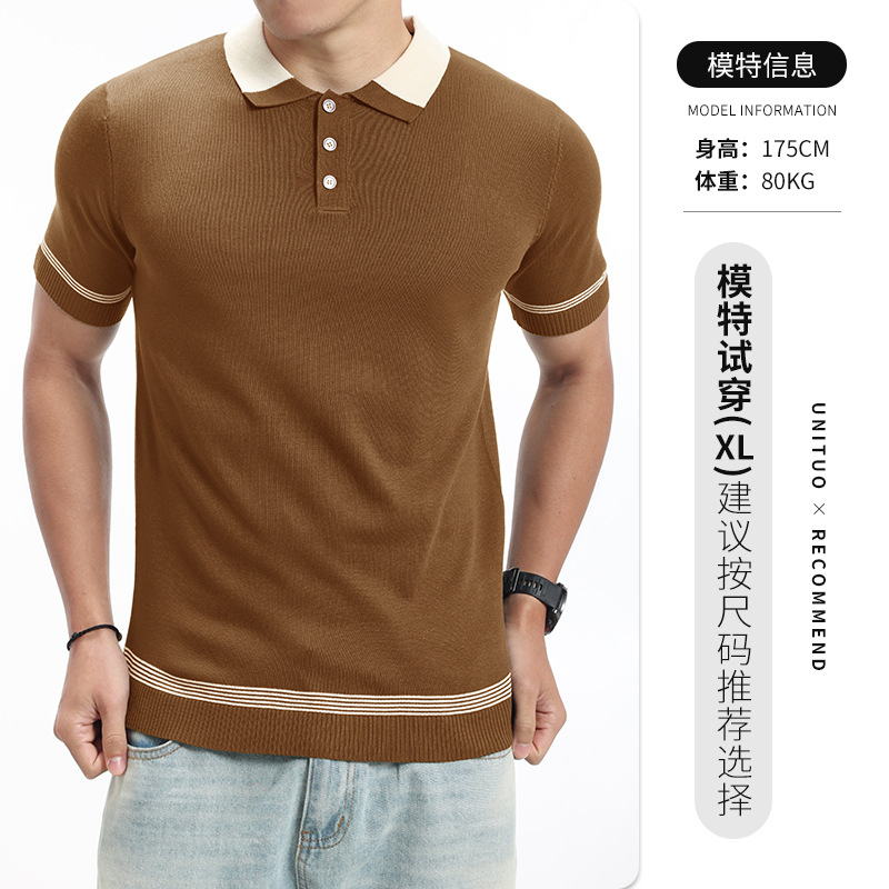 Nuevo polo de hielo de punto para hombres, camiseta de manga corta, vieja camiseta de negocios de alto nivel, camiseta de concha casuales para hombres