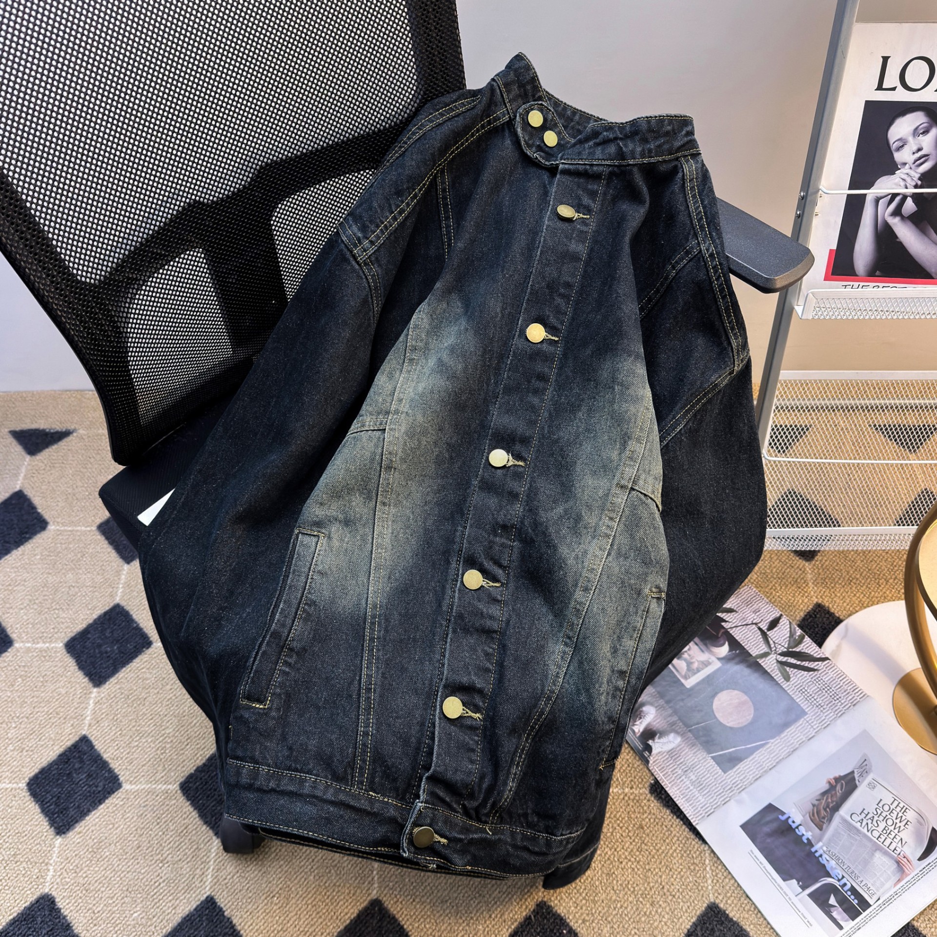 Giacca di jeans unisex retro collo alla coreana stile casual_voghion.com