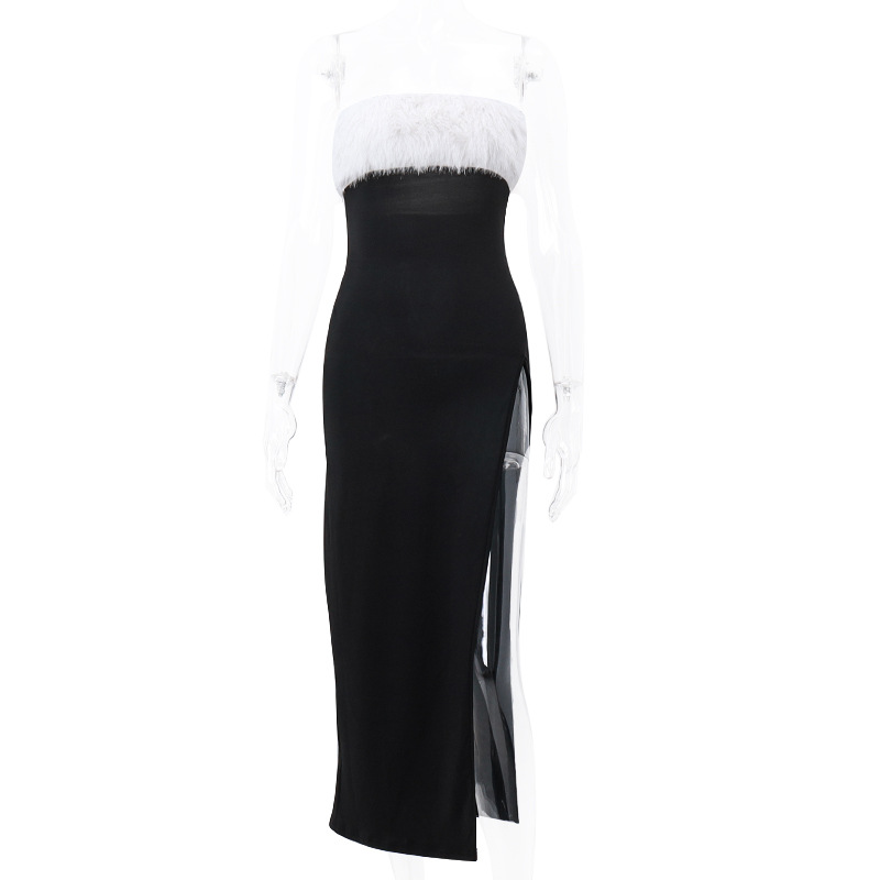 Winter Sexy Sexy off Shoulder Furry Tube Top Slit Dress Women