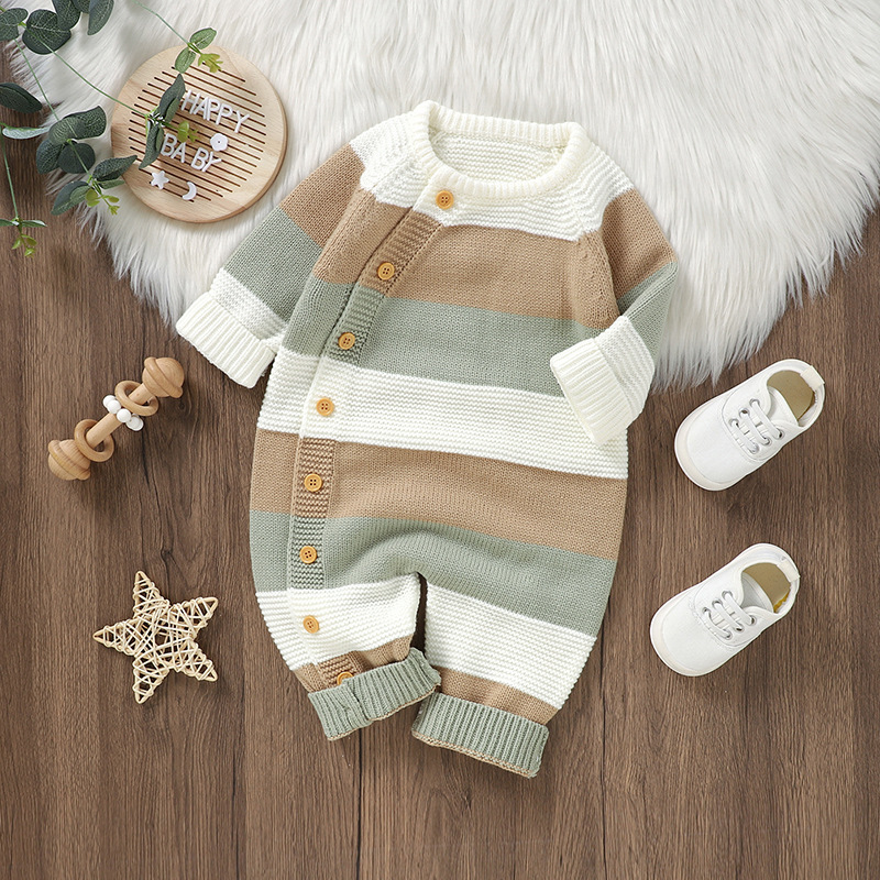 Ins Style Baby Jumpsuit Stripesd Knitted Wool Jumpsuit Crawling Suit