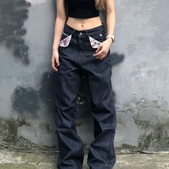 美式高街辣妹亚文化宽松牛仔裤子女设计感赤耳碎花拼接直筒拖地裤