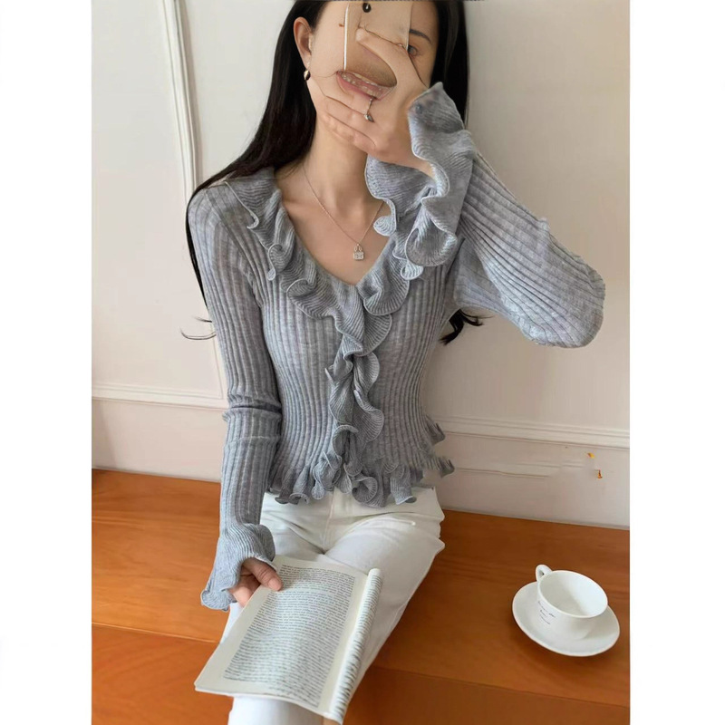 纯欲辣妹风长袖针织衫女早秋新款荷叶边V领修身显瘦别致短款上衣|undefined