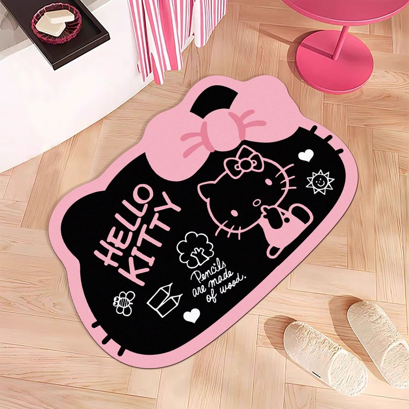 Hello Kitty Black and Pink Shower Room Diatom Mud Absorbent Non-Slip Floor Mat Stain-Resistant and Wear-Resistant Easy-Care Toilet Foot Mat