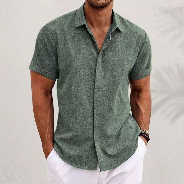 2024 European and American Cross-border Men's Double Placket Cotton and Linen Cardigan Short-sleeved high quality Solid Color Shirt Summer Home Short-sleeved