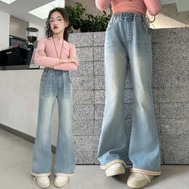 春季中大女童喇叭牛仔裤新童装儿童女孩浅色花边弹力牛仔裤子显瘦