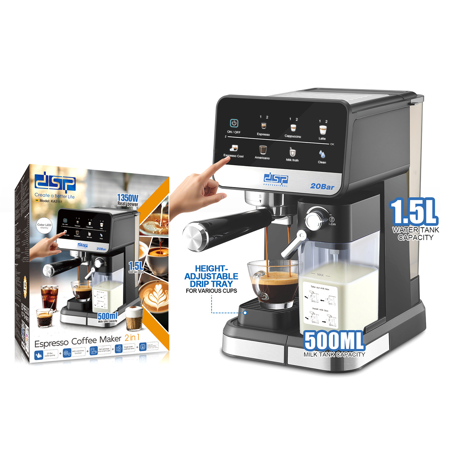 DSP / Danson cafetera semiautomática italiana pequeña cafetera doméstica con cajas de leche cafetera de cocina KA316