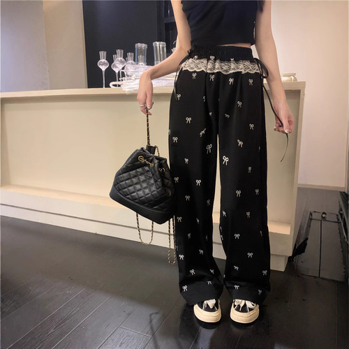 Sweet hot girl bow lace spliced ​​casual pants for women in autumn design loose elastic waist wide-leg pants straight pants