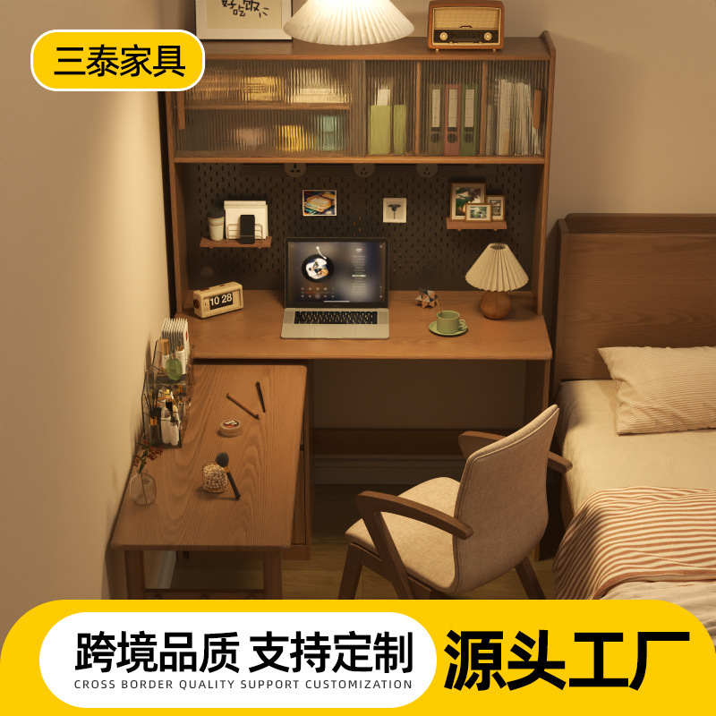 Customized Solid Wood Corner Folding Desk and Bookshelf Combo for Bedroom, Corner Wall-Mounted L-Shaped Desk, Rotating Study Table