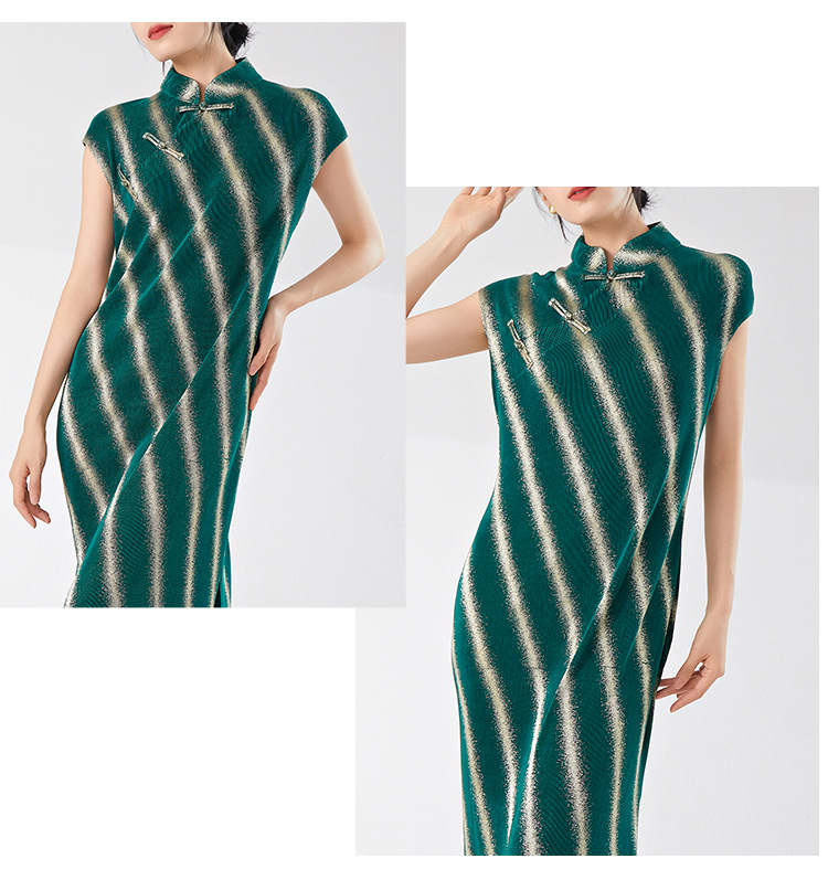 New Chinese-style Improved Version Of Women's Cheongsam Dress, New High-end Striped Elegant Split Dress By Issey Miyake_ecoleips.com