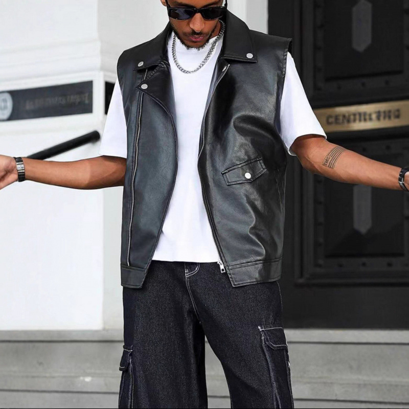 New Cross-Border Men's Punk Motorcycle Pu Leather Jacket Vest, Stylish European and American Leather Vest