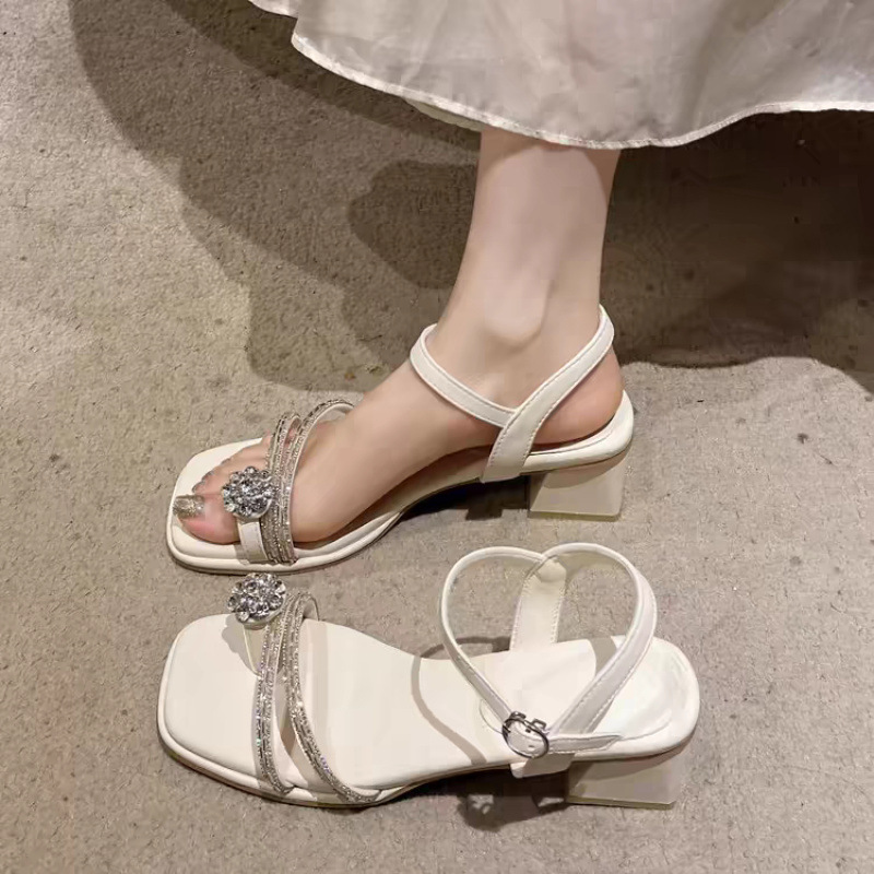 【精致水钻装饰】爆款休闲法式凉鞋女外穿2025年夏季新款粗根百搭