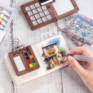 Mini Watercolor Paint Box and Small Notebook 8/15 Color Walnut Box Acrylic Solid Packaging Box Travel Carry-On