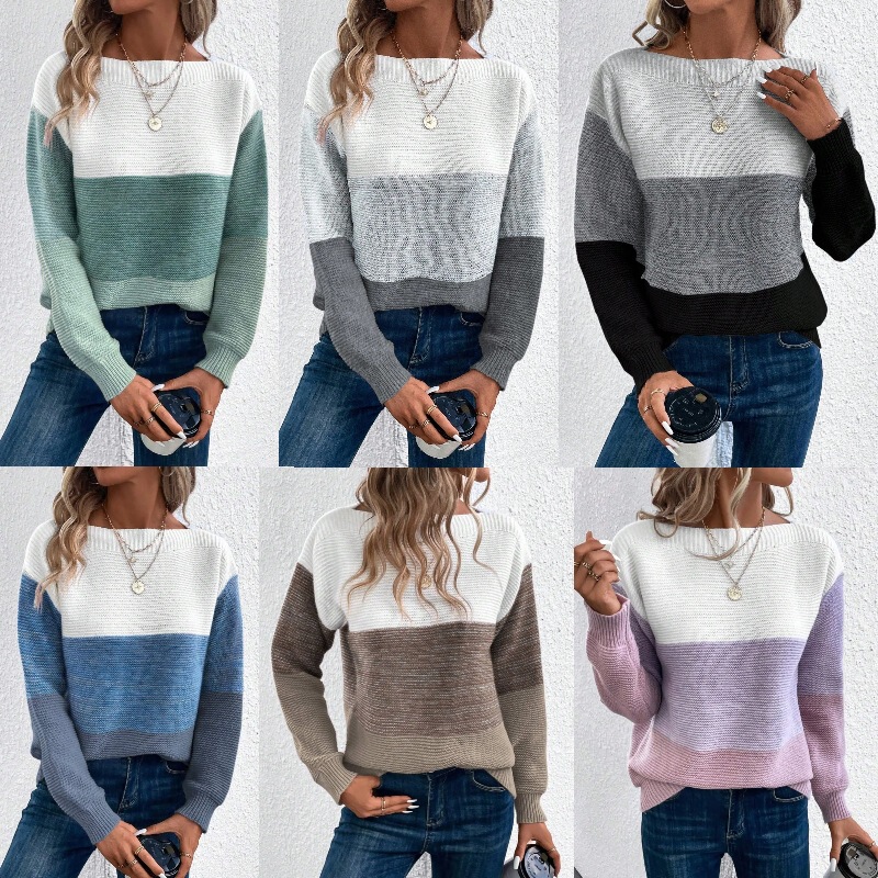 Ready-Made Sweaters with Color Matching Amazon Best-Selling Cross-Border Women's Clothing Popular Sweaters Autumn and Winter Loose Thickened Tops