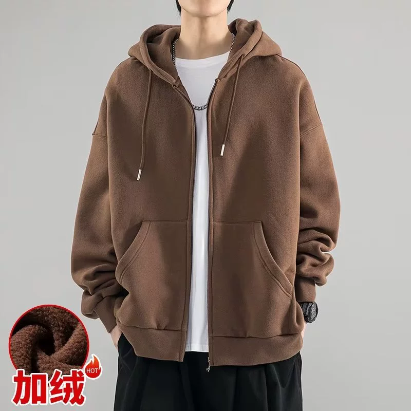 Коричневый свитер на флисовой подкладке, Мужская модная Свободная куртка на осень и зиму 2023, молодежный популярный однотонный Повседневный Кардиган с капюшоном